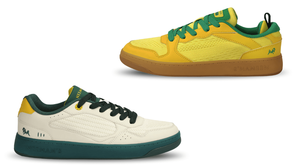 The comfort-first sneaker replacing stiff streetwear 1 Yellow and ivory Neeman's sneakers with green accents on a white background, highlighting the lightweight knit upper.
