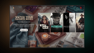 Netflix screen showing the Watch Your Favourite Books hub and Enola Holmes poster amid a cosy reading setup with coffee.