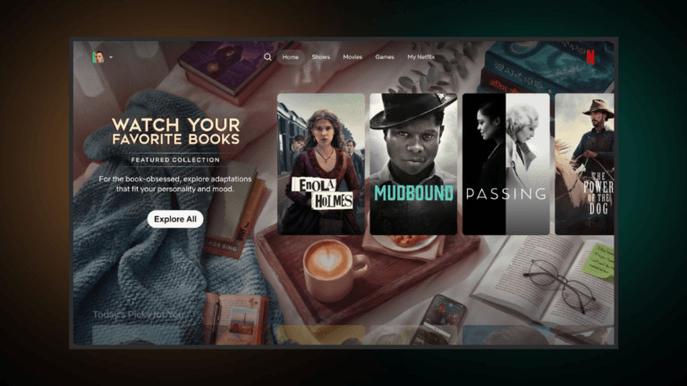The shortcut to finding the film version of your next read 1 Netflix screen showing the Watch Your Favourite Books hub and Enola Holmes poster amid a cosy reading setup with coffee.