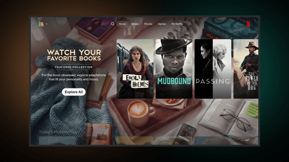 The shortcut to finding the film version of your next read 1 Netflix screen showing the Watch Your Favourite Books hub and Enola Holmes poster amid a cosy reading setup with coffee.
