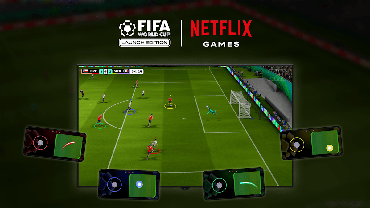 Is your television about to replace an expensive gaming console? 1 A television displaying a football match above four smartphones showing virtual controller interfaces for multiplayer.