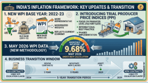 Infographic showing charts, an India map, a contract timeline arrow, and a gauge with 9.68% inflation data.