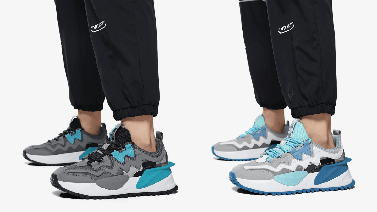 Your daily transit outfits are about to look much better 2 Nickron Nomad sneakers in teal and light blue colourways on feet, displaying a multi-layered lifestyle silhouette.