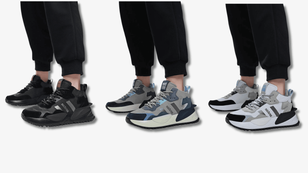 Your daily transit outfits are about to look much better 1 Nickron Sentinel mid-top sneakers in black, blue, and grey colourways on feet, built for the daily city commute.