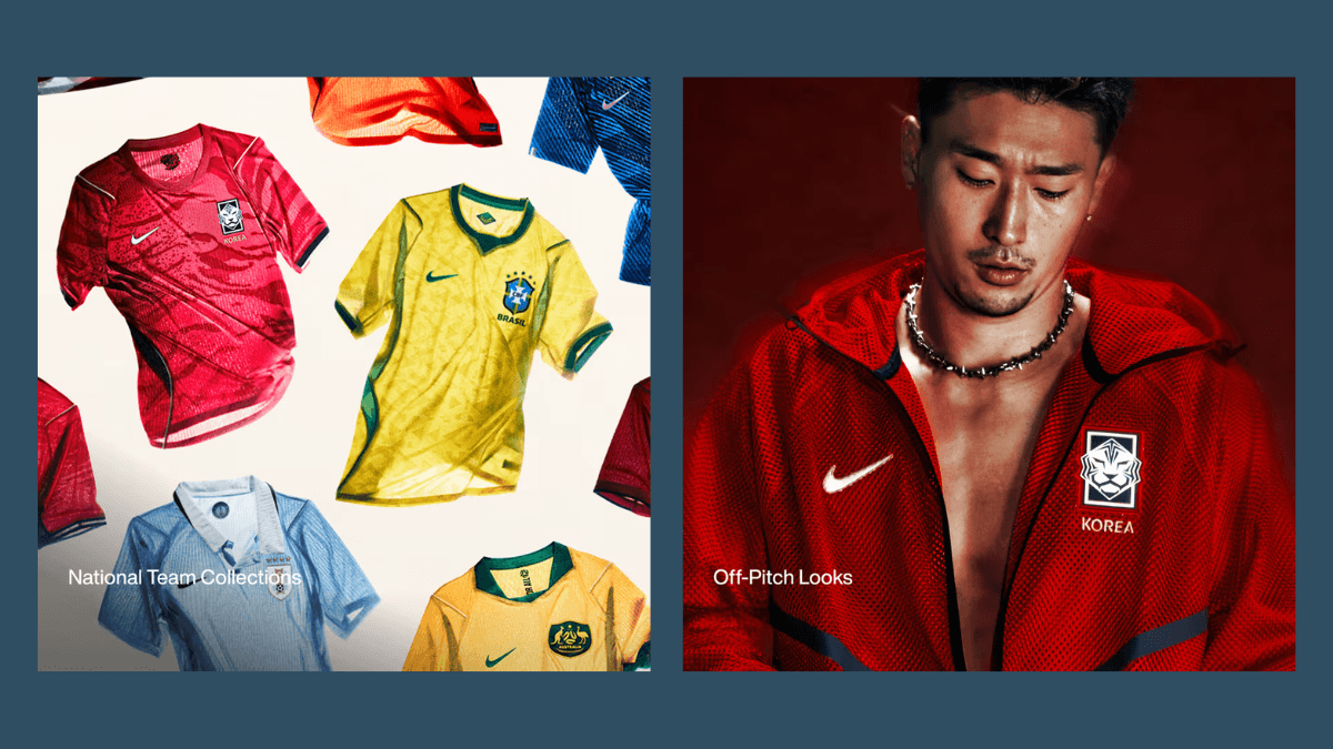 Official 2026 match jerseys land in India from ₹5,095 2 Nike national team football kits and a model wearing a red Korea training jacket from the India collection.