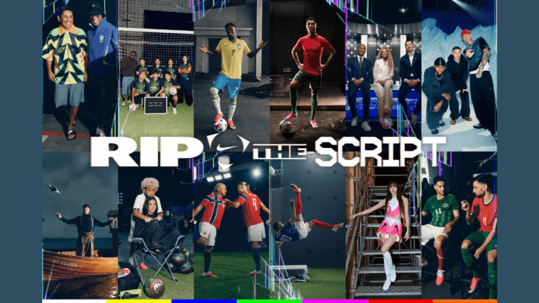 Collage of footballers and celebrities in the Nike Rip the Script film campaign available in India.