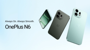 Three OnePlus N6 smartphones displaying the screen, a dark green rear panel, and a light green rear panel.