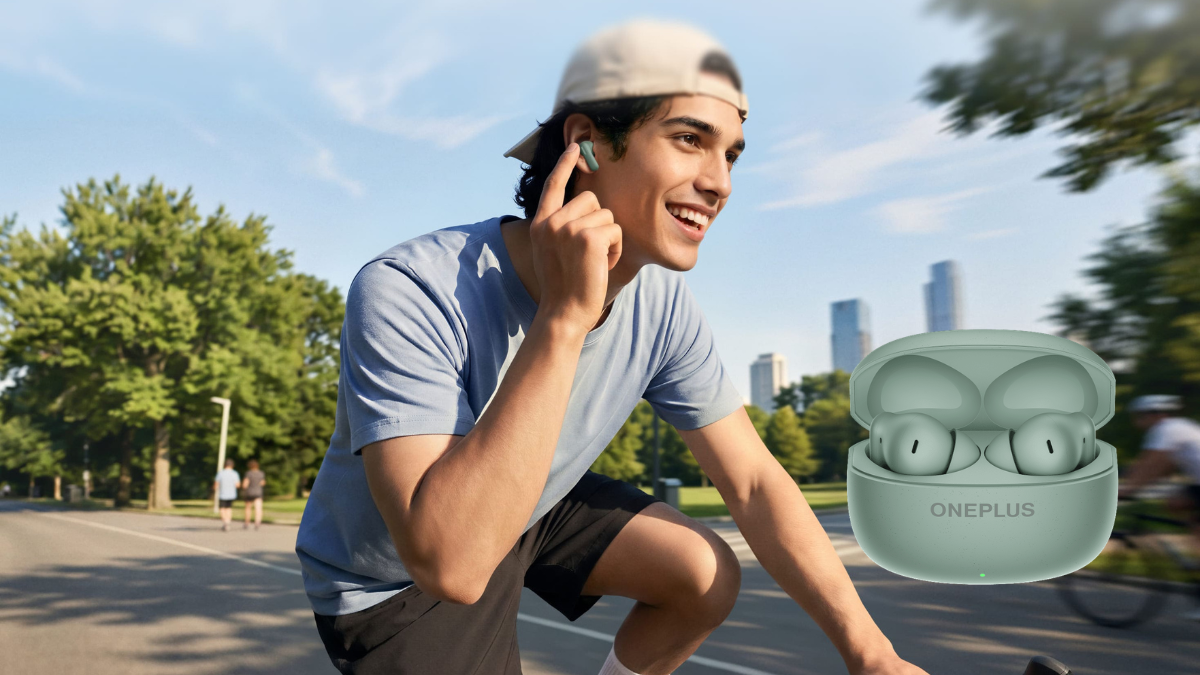 At ₹3,299 these earbuds block noise for up to 27 hours 1 A man cycling outdoors wearing a pastel green earbud beside an overlay of an open green charging case showing earbuds.