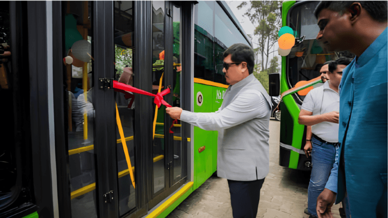 Shillong gets its first five electric transit buses 3 Conrad K. Sangma cutting a red ribbon on a green electric bus during the PM eBus Sewa transit launch in Shillong.