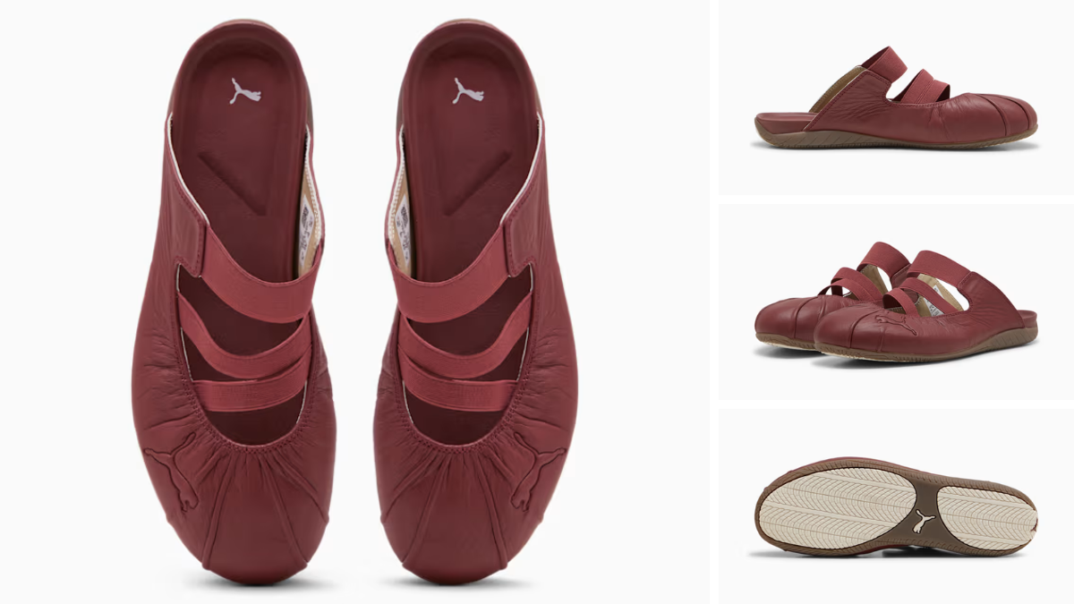The slip-on shoe that makes morning dressing effortless 2 Burgundy leather mules displayed from multiple angles showing the top view, side profile, and patterned rubber sole.