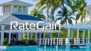 Large RateGain text over a tropical hotel resort with a swimming pool and palm trees, highlighting the AI software in India.