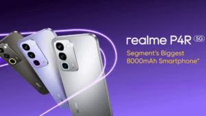 Three realme P4R 5G handsets with glowing camera light rings in titanium, lavender, and silver for India.