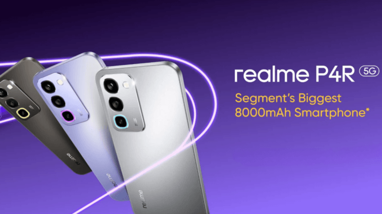 Can this sub-₹20,000 phone truly deliver multi-day battery? 2 Three realme P4R 5G handsets with glowing camera light rings in titanium, lavender, and silver for India.