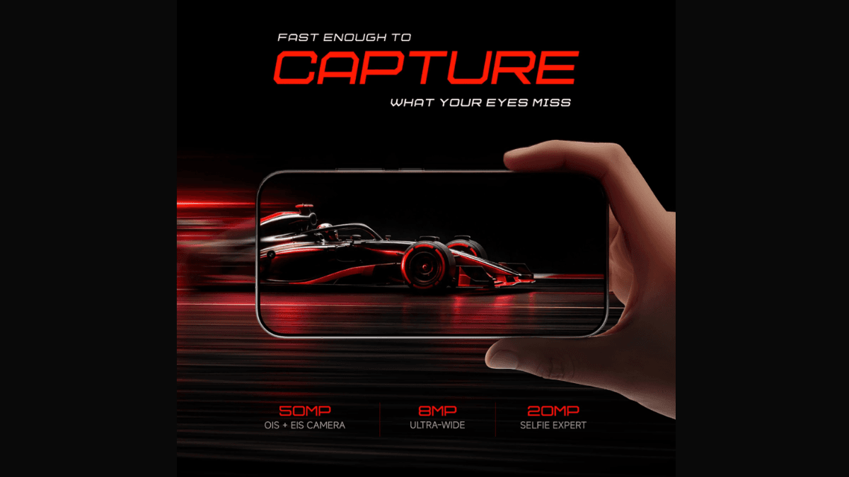 This upcoming phone hits 50% battery in 12 minutes 3 A hand holding a smartphone displaying a speeding red race car with lens specifications below in Bengaluru.