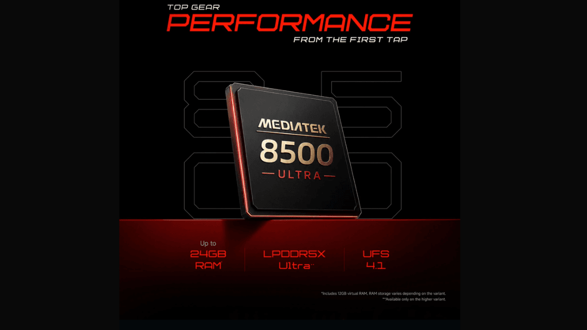 This upcoming phone hits 50% battery in 12 minutes 2 A MediaTek 8500 Ultra processor chip with glowing red edges on a dark background for the Mumbai launch.