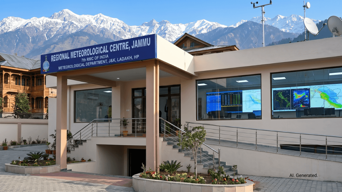 Will the new Jammu weather hub make Himalayan travel safer? 1 Jammu Regional Meteorological Centre building with digital forecast screens and snowy mountains, improving Himalayan safety.