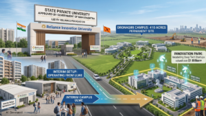 Campus illustration showing a large gate, students, construction vehicles, and glowing unicorn graphics in India.