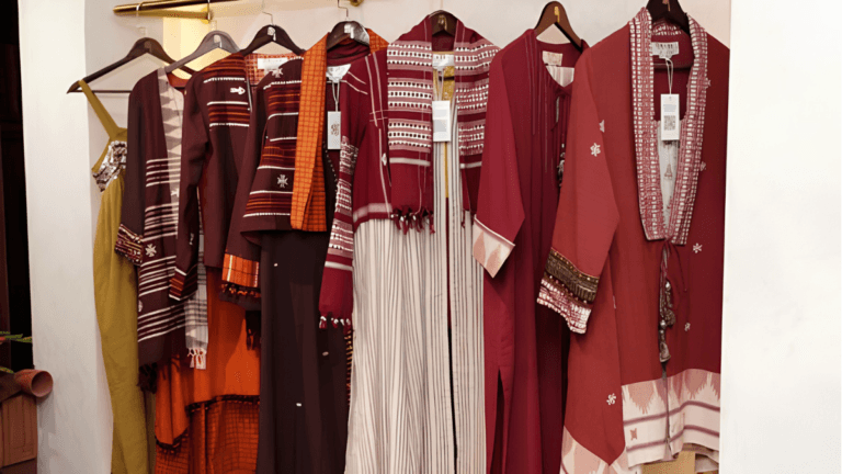 Traditional embroidered garments hanging on a clothing rack inside the premium RISA retail store.