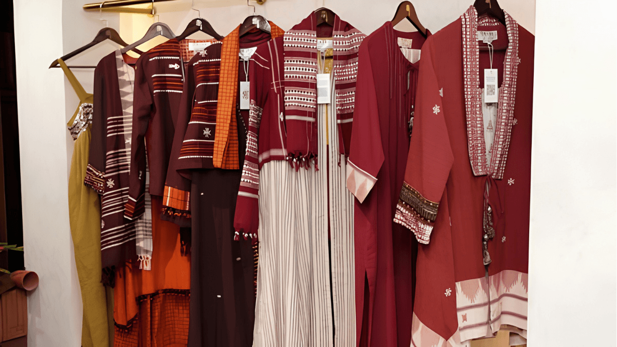 TRIFED opens a premium tribal textile store in New Delhi 1 Traditional embroidered garments hanging on a clothing rack inside the premium RISA retail store.