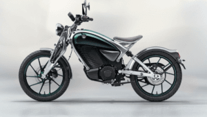 Green and silver Royal Enfield Flying Flea C6 electric motorcycle with a vintage girder fork for the India rollout.