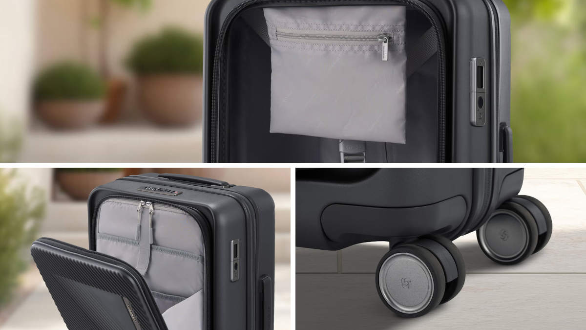 Internal storage pouch, a front-opening flat-top compartment, and a close-up of double wheels on tile, showing utility.