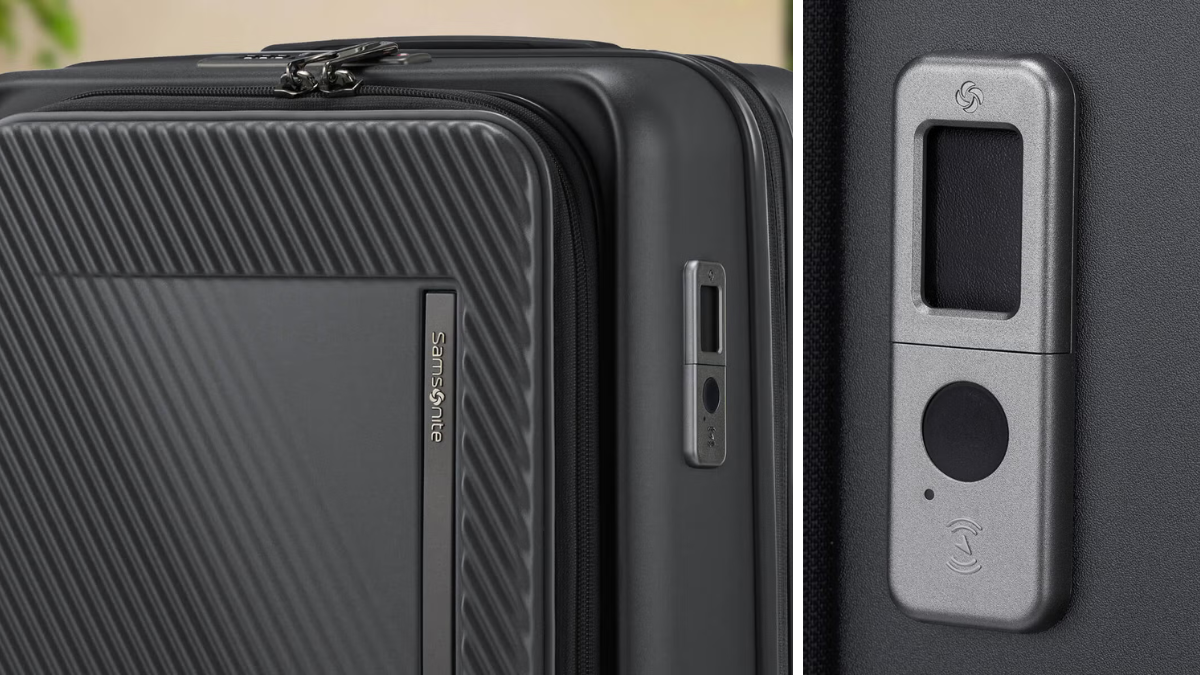 Black suitcase corner next to a close-up of a silver tracking module with an NFC icon, demonstrating security.