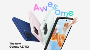 Four Samsung Galaxy A27 5G smartphones in blue, pink, green, and black shown at an angle against a white backdrop.