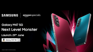 Pink and teal Samsung Galaxy M47 5G smartphones displaying triple rear cameras against a black promotional backdrop.