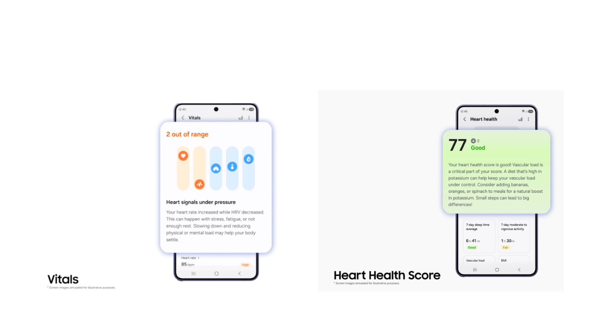 Smartphone screens displaying Vitals alert interface and a green Heart Health Score card in an India update.