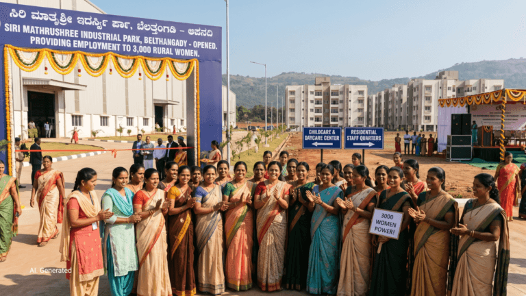 Women in sarees standing outside the new SIRI Mathrushree Industrial Park campus facility in Karnataka.