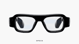 Front view of black Snap SPECS AR glasses on a white background, highlighting the sleek frame for modern eyewear.