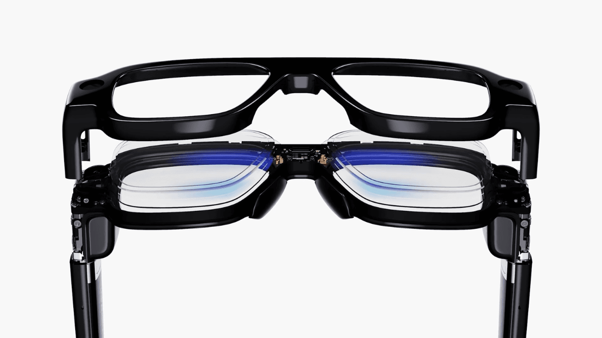The AR glasses that aim to turn your entire world into a workspace 1 Exploded view of black AR glasses showing internal circuitry and lens layers, visualising the standalone architecture.