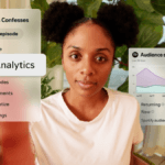 Woman facing camera with Spotify Analytics menu and Audience segments chart overlays visible. Context: loyalty.