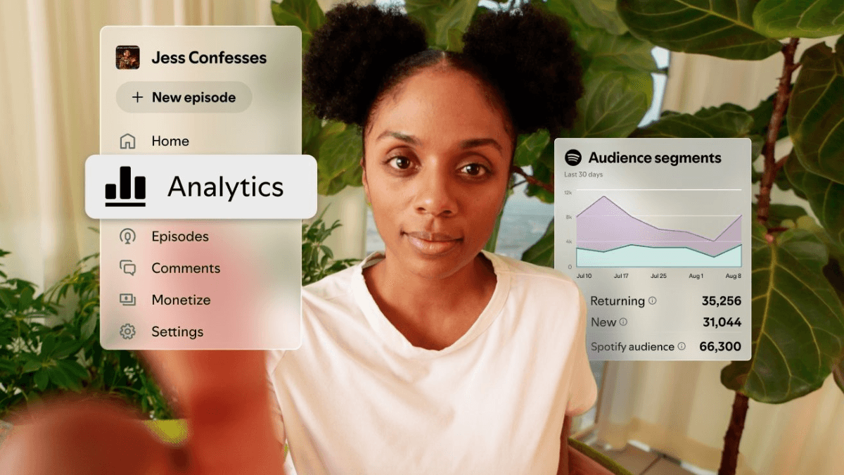 This new 30-second rule alters how creators track success 1 Woman facing camera with Spotify Analytics menu and Audience segments chart overlays visible. Context: loyalty.