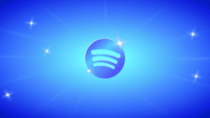 Spotify logo icon surrounded by sparkling star effects on a vibrant blue gradient background, representing a new update.