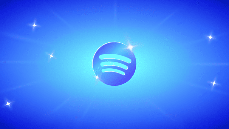 Spotify logo icon surrounded by sparkling star effects on a vibrant blue gradient background, representing a new update.