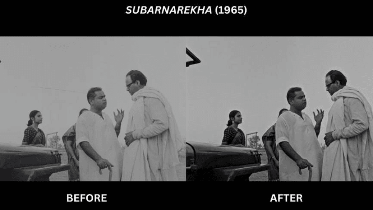 Black and white split screen of three people near a jeep before and after digital cleanup for the 4K film archive.