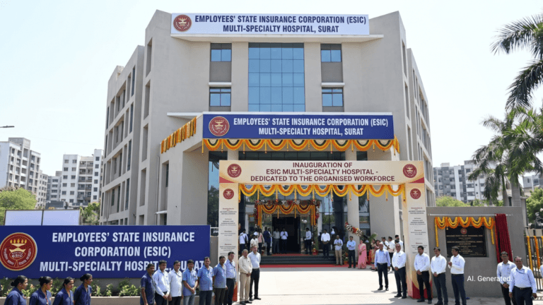Surat ESIC multi-specialty hospital building facade with people standing under a decorated ceremonial archway in India.