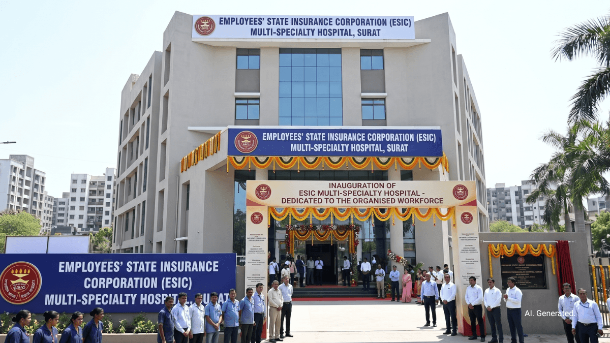 Quality healthcare reaches Surat's insured workers 1 Surat ESIC multi-specialty hospital building facade with people standing under a decorated ceremonial archway in India.
