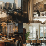 Frankfurt skyline, canopy bed, ornate restaurant, and bright dining room at the newly opened Taj Hessischer Hof.