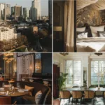 Frankfurt skyline, canopy bed, ornate restaurant, and bright dining room at the newly opened Taj Hessischer Hof.