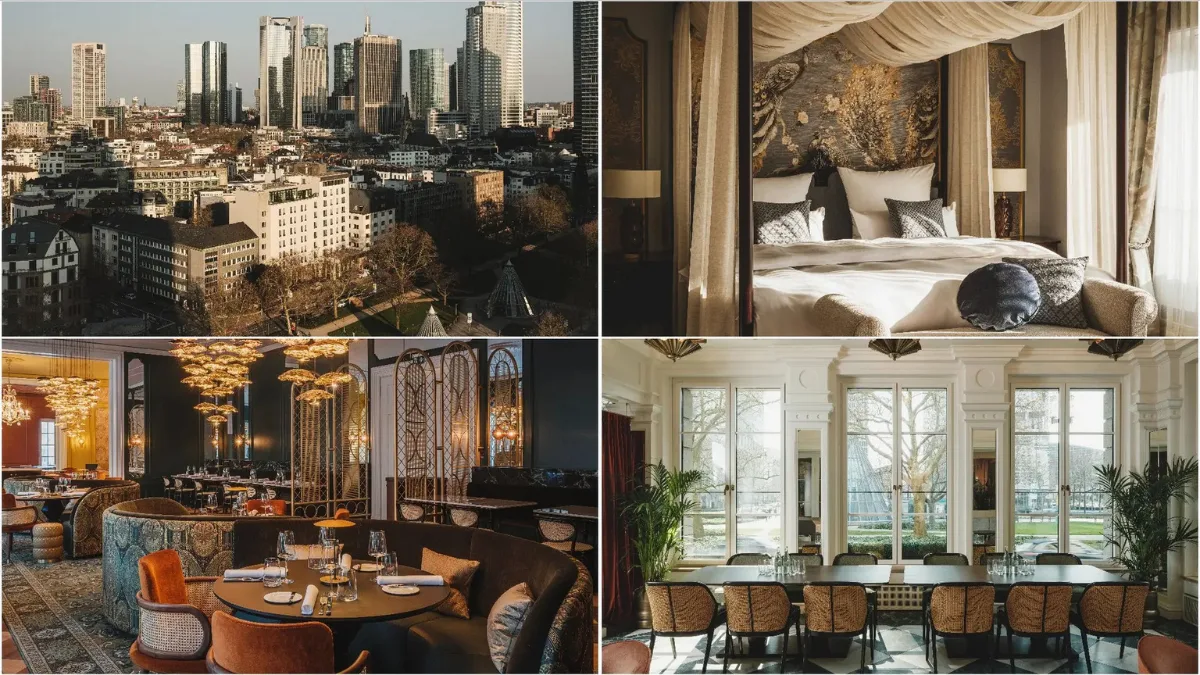 Frankfurt skyline, canopy bed, ornate restaurant, and bright dining room at the newly opened Taj Hessischer Hof.