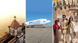 Collage of Taj Mahal Palace, a oneworld Cathay Pacific plane, and a couple at a luxury hotel marking the partnership.