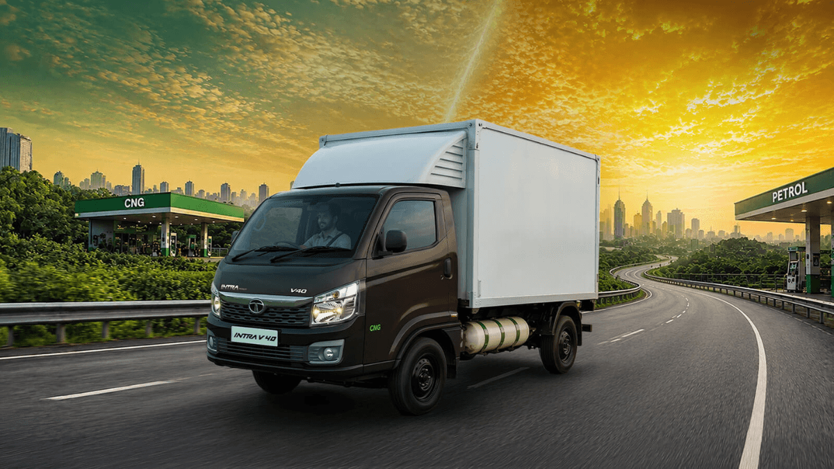 A 1,525 kg payload pickup running on both CNG and petrol 1 Tata Intra V40 bi-fuel truck with enclosed cargo driving on a highway between CNG and petrol stations in India.