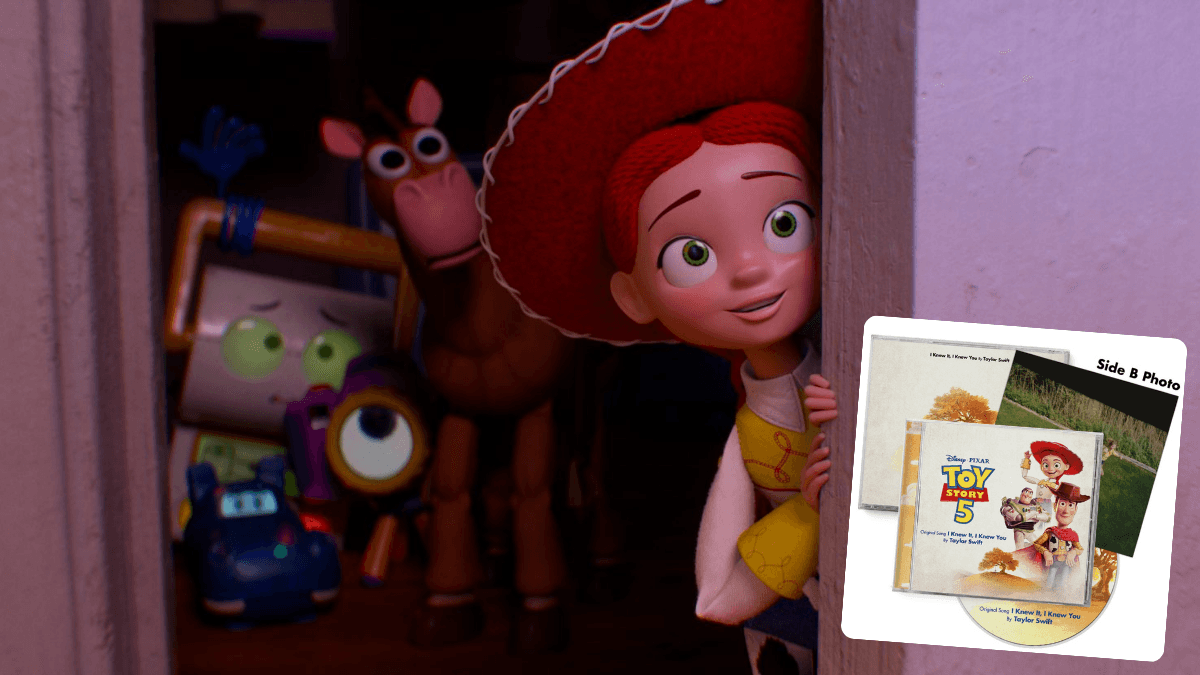 Animated toy cowgirl Jessie peeking past a door with an overlay of Taylor Swift Toy Story 5 CD music covers for India.