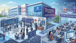 Illustration of a TCS campus showing office divisions using Claude AI and a TCS iON exam centre room in India.