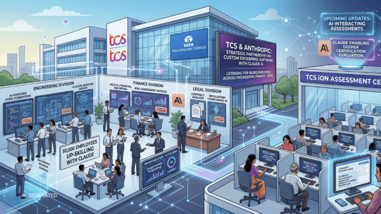 TCS puts Claude AI on the desks of 50,000 Indian engineers 4 Illustration of a TCS campus showing office divisions using Claude AI and a TCS iON exam centre room in India.