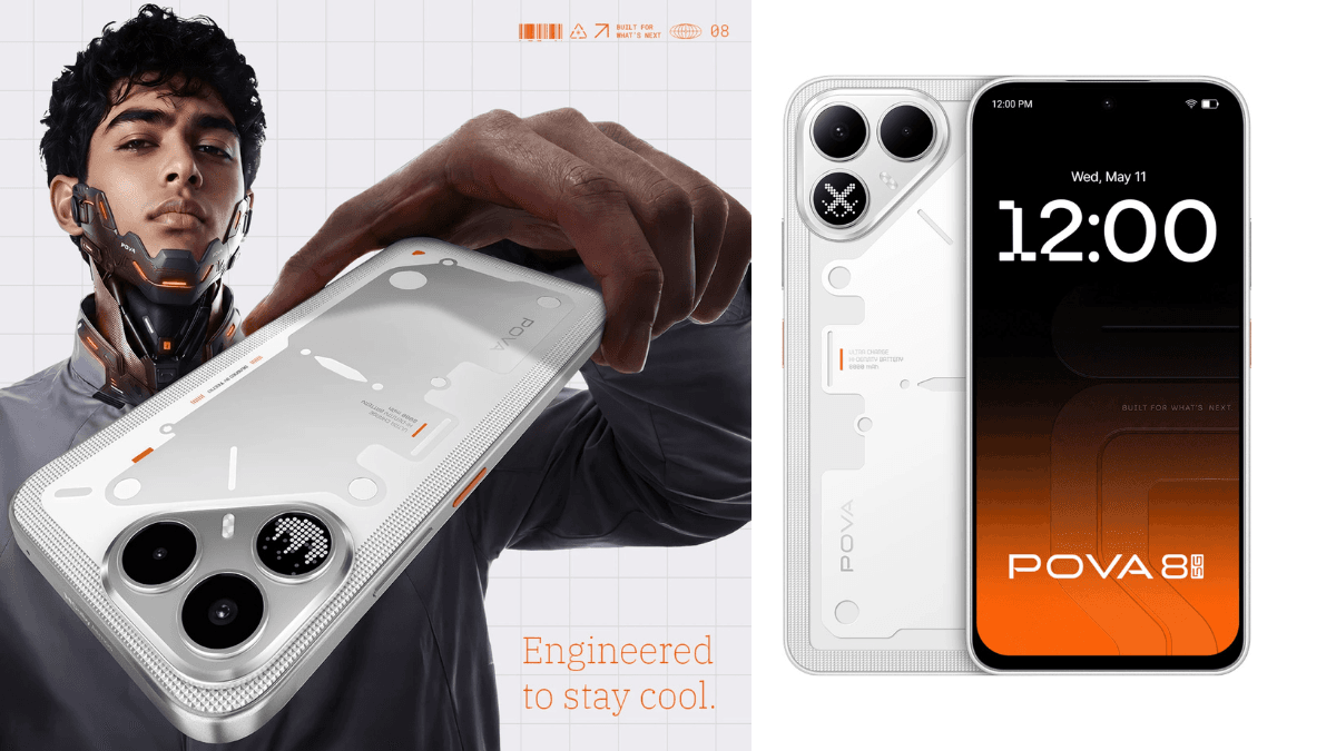 This phone keeps you away from the plug for days 1 A man with a futuristic cybernetic neck collar holding a Tecno Pova 8 5G phone showing its detailed white rear chassis panel.