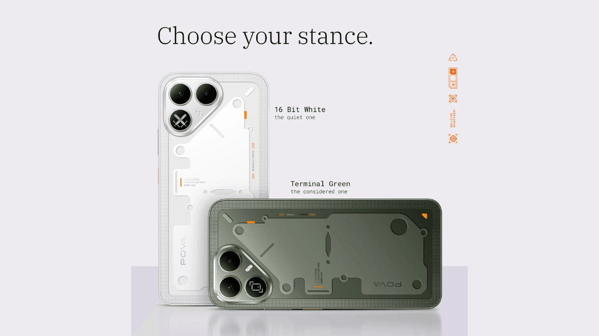 This phone keeps you away from the plug for days 2 Tecno Pova 8 5G back panels positioned horizontally to show the 16 Bit White and Terminal Green options.
