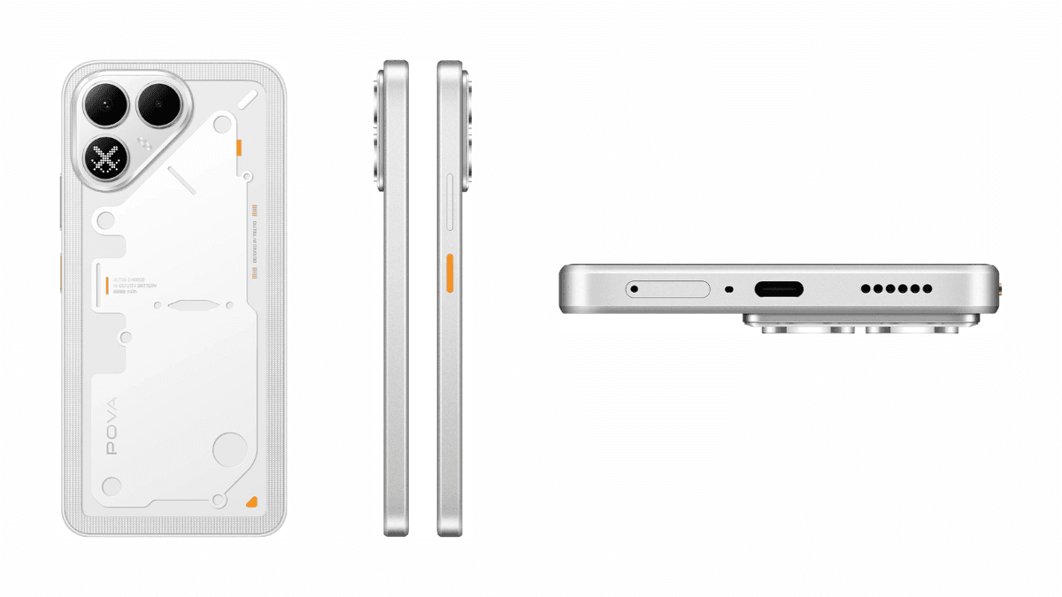 This phone keeps you away from the plug for days 3 Flat view of the back panel, slim side profiles with a bright orange button, and the bottom port edge of a white phone.